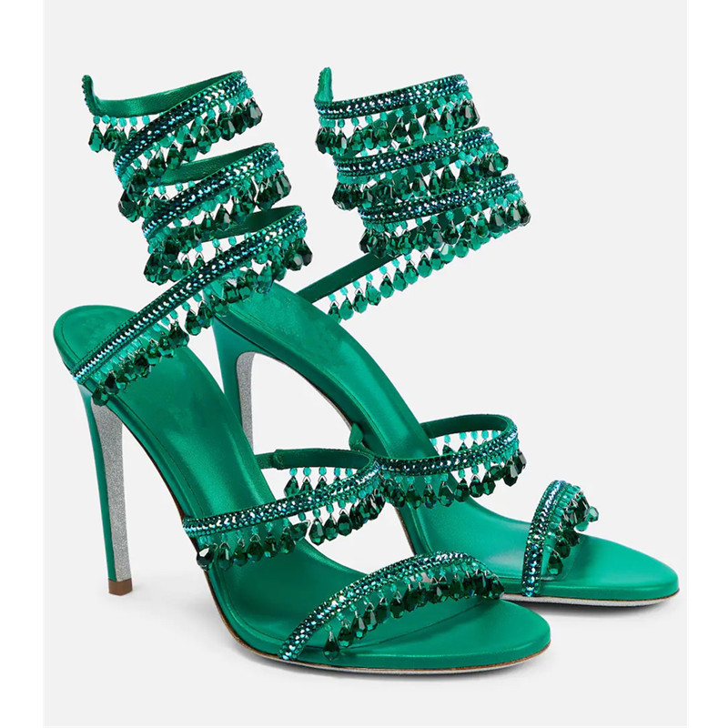Women'S Shoes Peep Toe - Sandal Stiletto Pinggiran Kristal Hijau Seksi