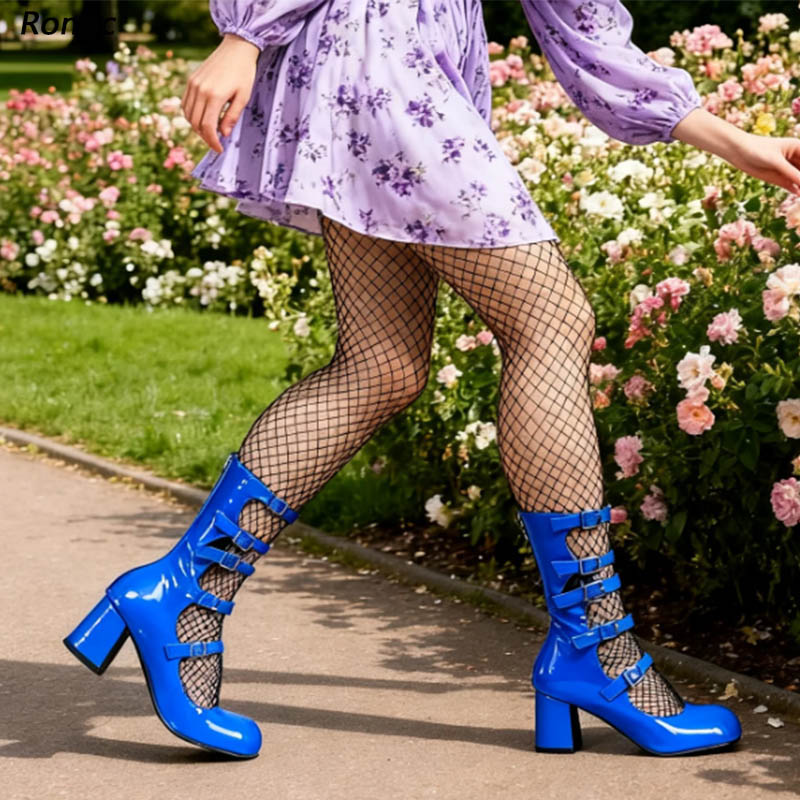 Women'S Shoes Navy Blue - Sepatu Bot Gothic Kulit Paten Biru